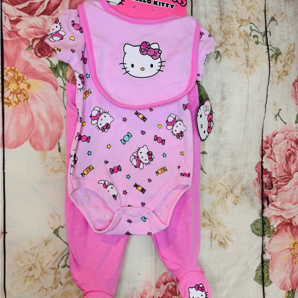 Hello Kitty Baby Girl 3 Piece Set Pink Footie, Bodysuit & Bib Candy 3 Months New